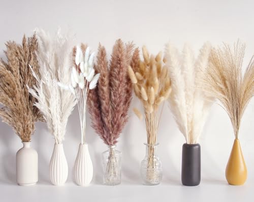 Bannifll 125 PCS Dried Pampas Grass Bouquet Boho Table Decor Bunny Tails Dried Flowers Brown Pampas White Pampas Grass for Weddings Home Decor Rustic Parties and Baby Shower Decorations - Image 1