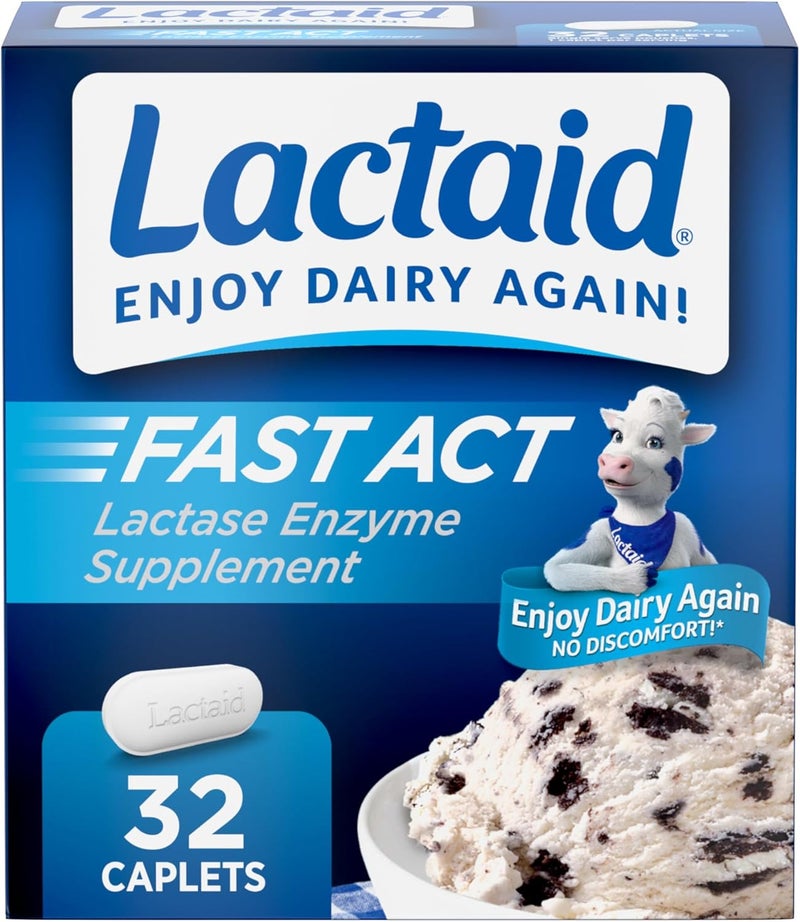 Lactaid Fast Act Lactose Intolerance Relief Caplets with Lactase Enzyme to Prevent Gas, Bloating & Diarrhea Due to Lactose Sensitivity, Ideal for Travel & On-The-Go, 32 Packs of 1-Count