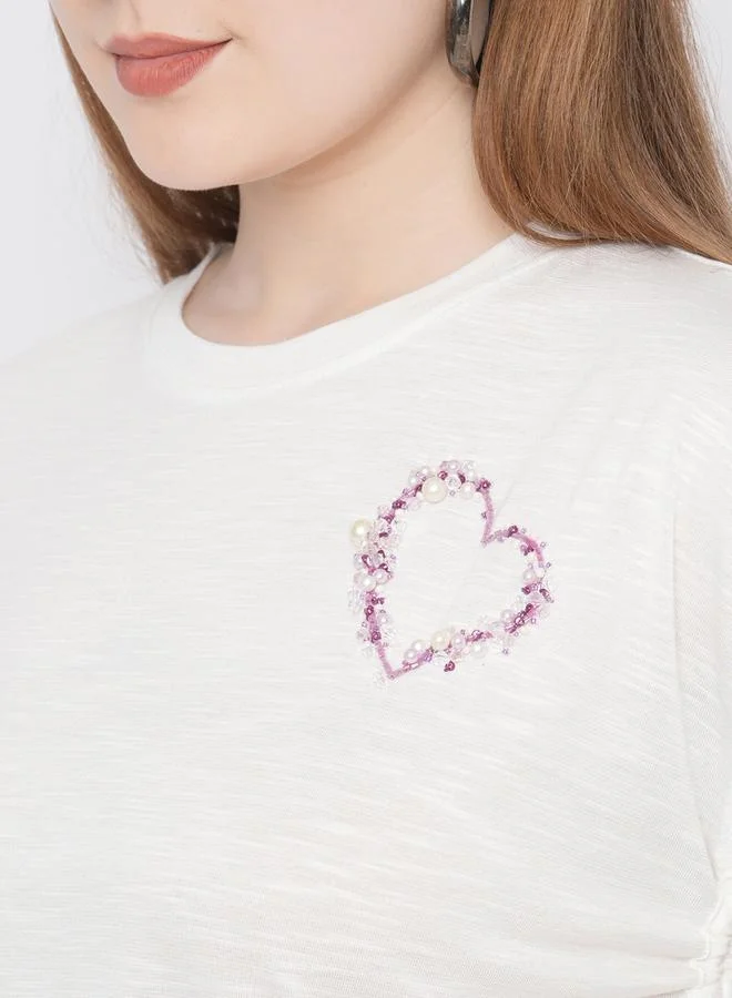 Mish Mish Women White Embellished Heart Detail Side Drawstring T-Shirt