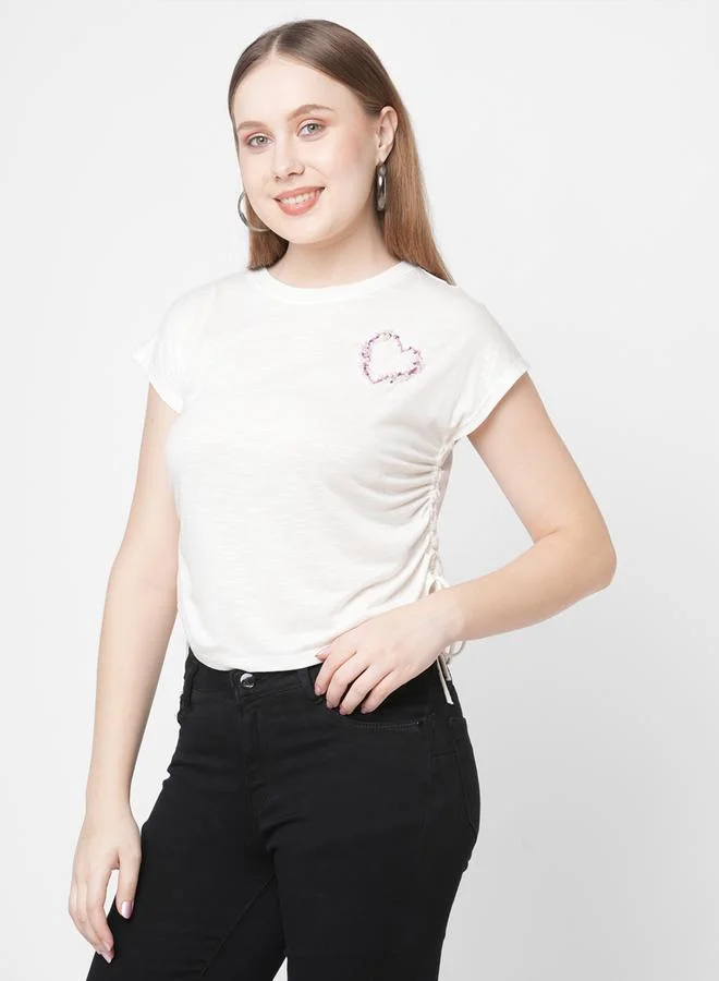 Mish Mish Women White Embellished Heart Detail Side Drawstring T-Shirt