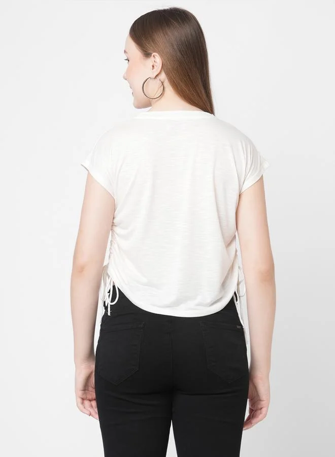 Mish Mish Women White Embellished Heart Detail Side Drawstring T-Shirt