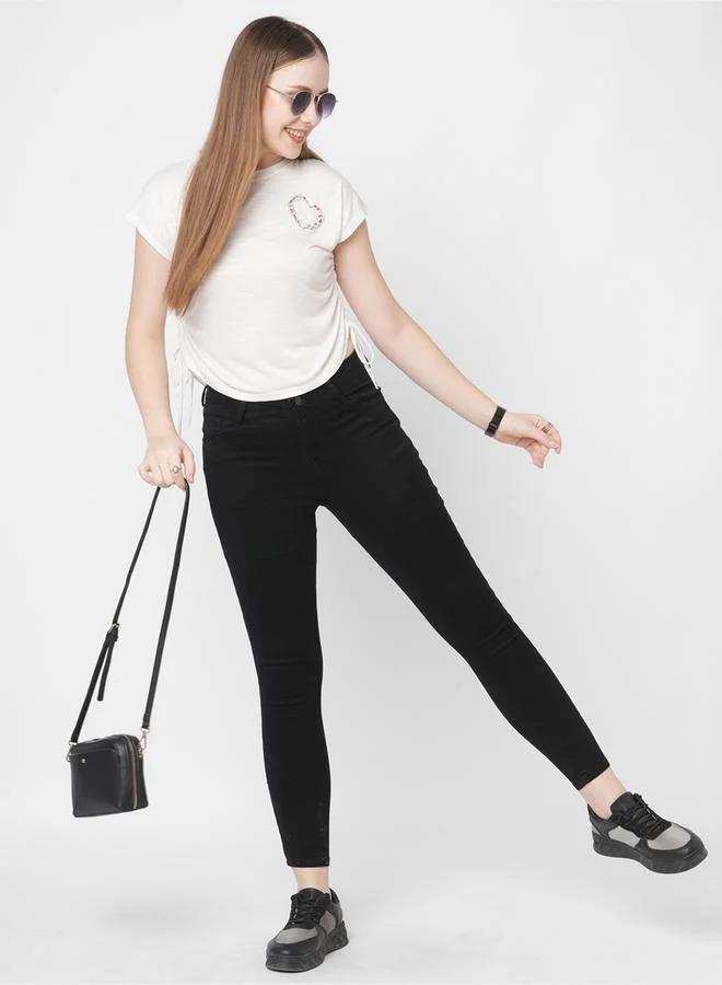 Mish Mish Women White Embellished Heart Detail Side Drawstring T-Shirt