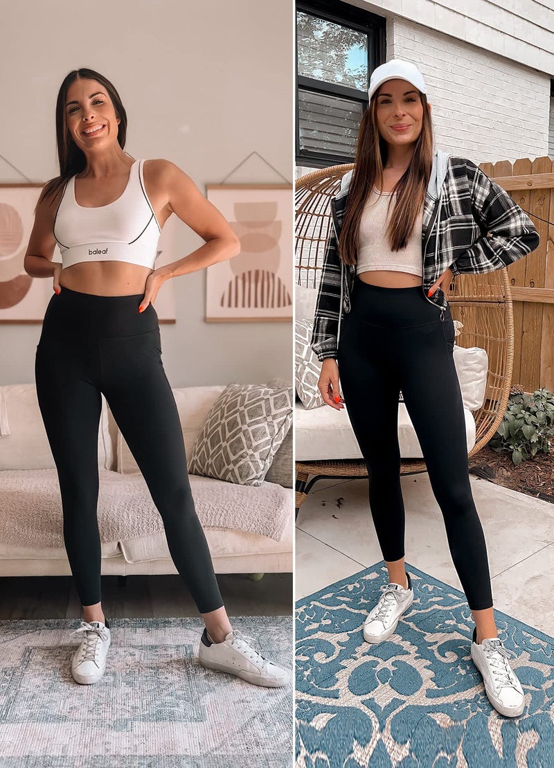 baleaf Leggings with Pockets for Women Tummy Control Workout High Waisted Athletic Ultra Soft 7/8 Gym Yoga Petite Ankle Pants Navy M - Image 2