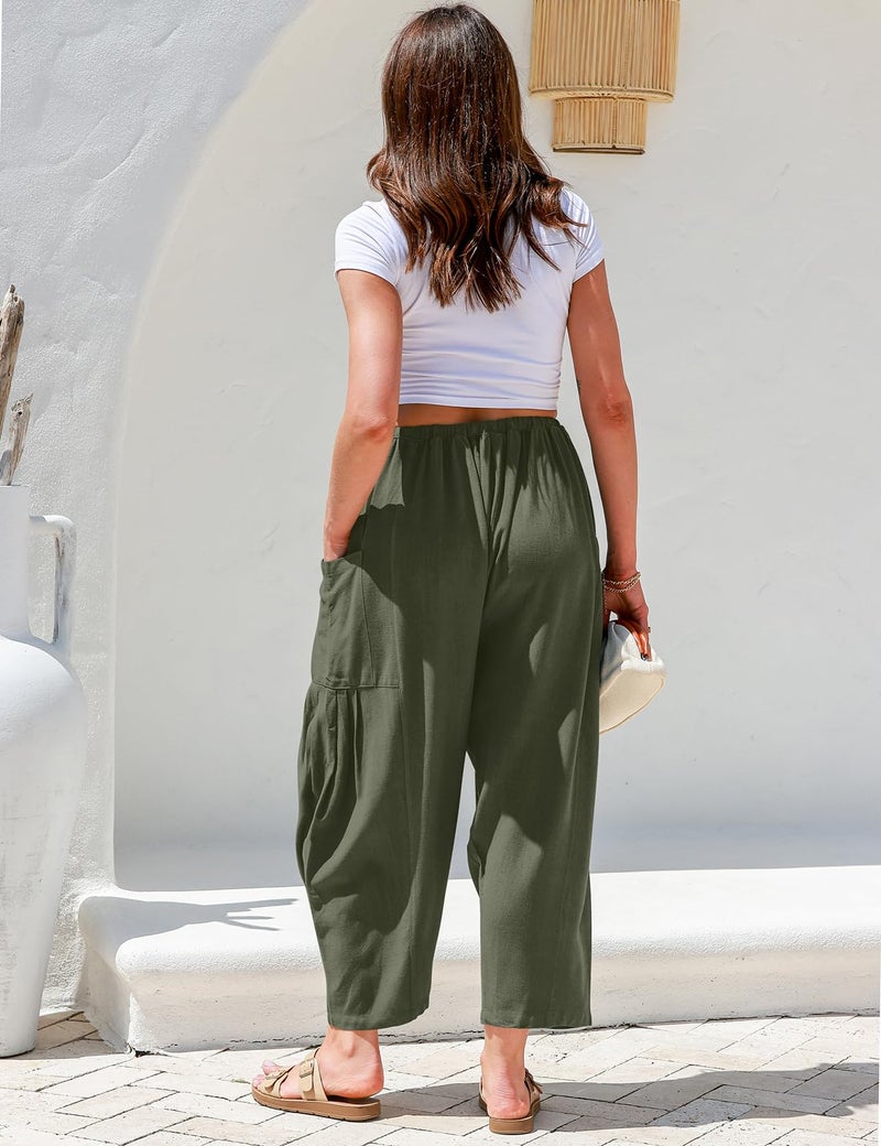 TARSE Womens Linen Wide Leg Pants Casual Loose Drawstring Low Waist Summer Beach Palazzo Harem Pants with Pockets(Green,M) - Image 3
