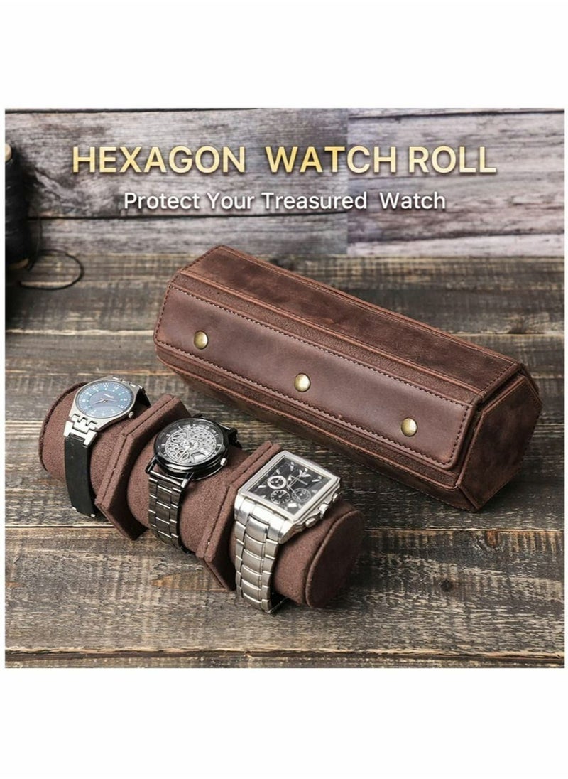 Generic - Watch Roll Case for 3 Watches, Handmade Genuine Leather Hexagon Watch Travel Organizer, Watches Protective Storage Box - Image 1