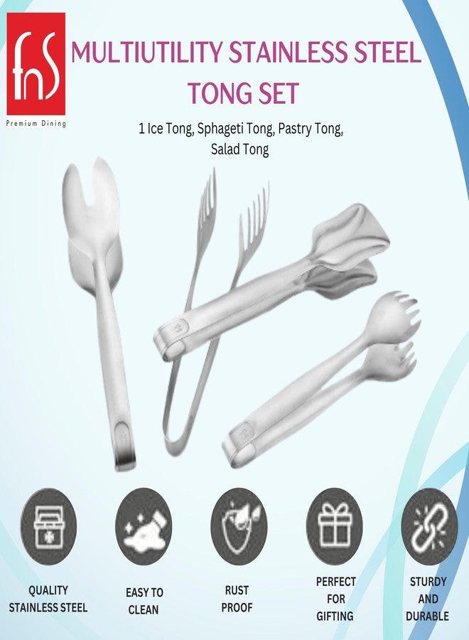 FNS International Pvt Ltd - Stainless Steel, Multi-Use Style - Tongs for Ice, Pastry, Salad and Spaghetti, Set of 4 Units, Silver Color - Ideal for Serving and Food Preparation Use - Image 2