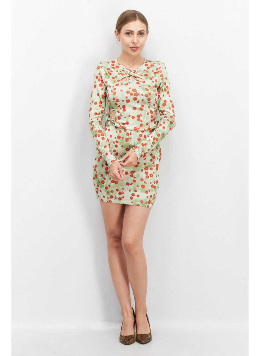Another Reason - Women Floral Pattern Bodycon Dress, Green Combo - Image 1