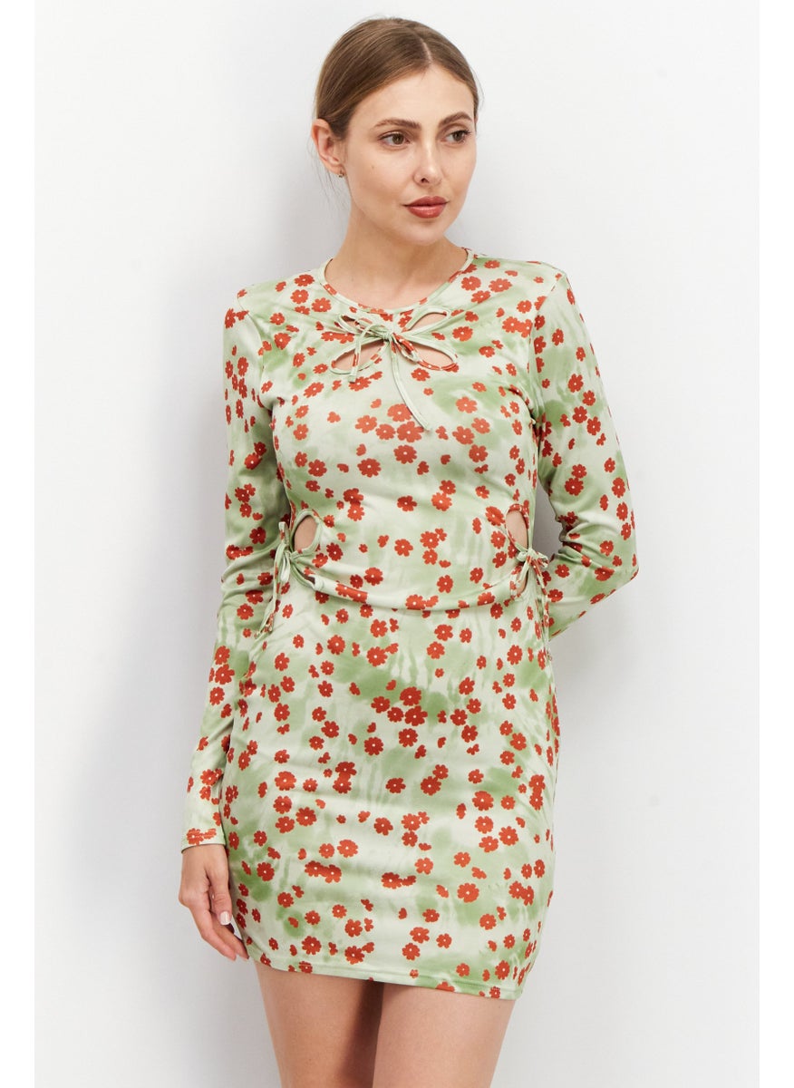 Another Reason - Women Floral Pattern Bodycon Dress, Green Combo - Image 1