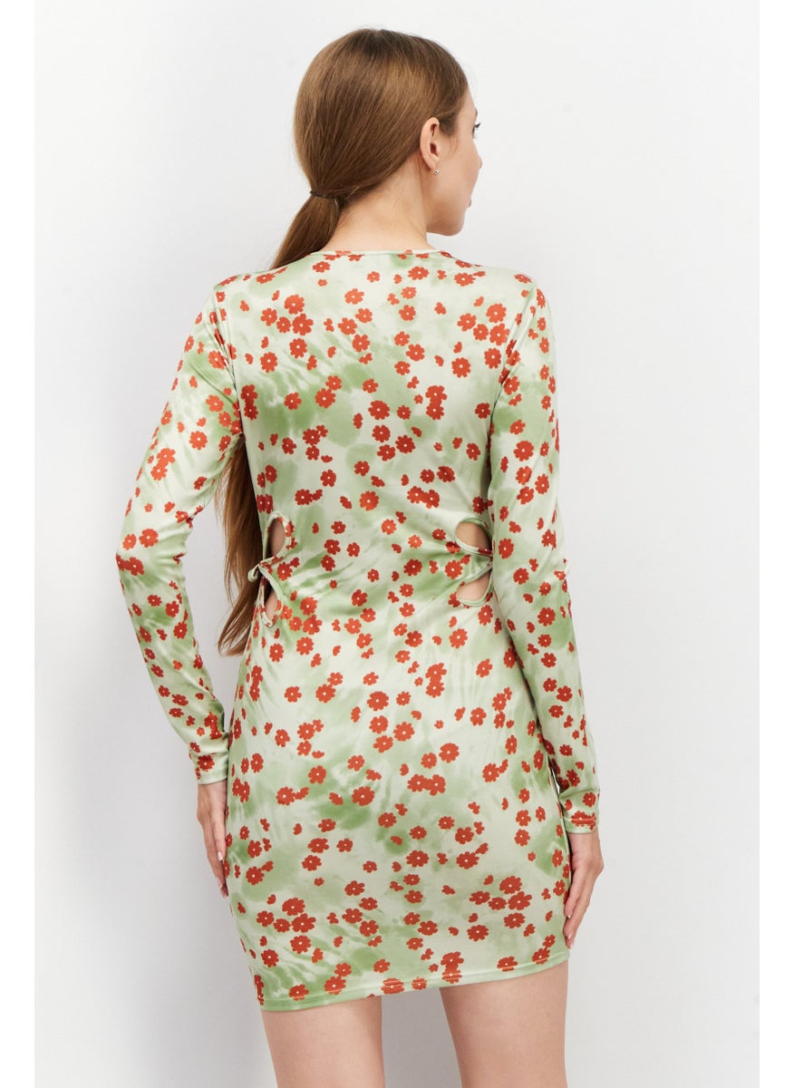 Another Reason - Women Floral Pattern Bodycon Dress, Green Combo - Image 1