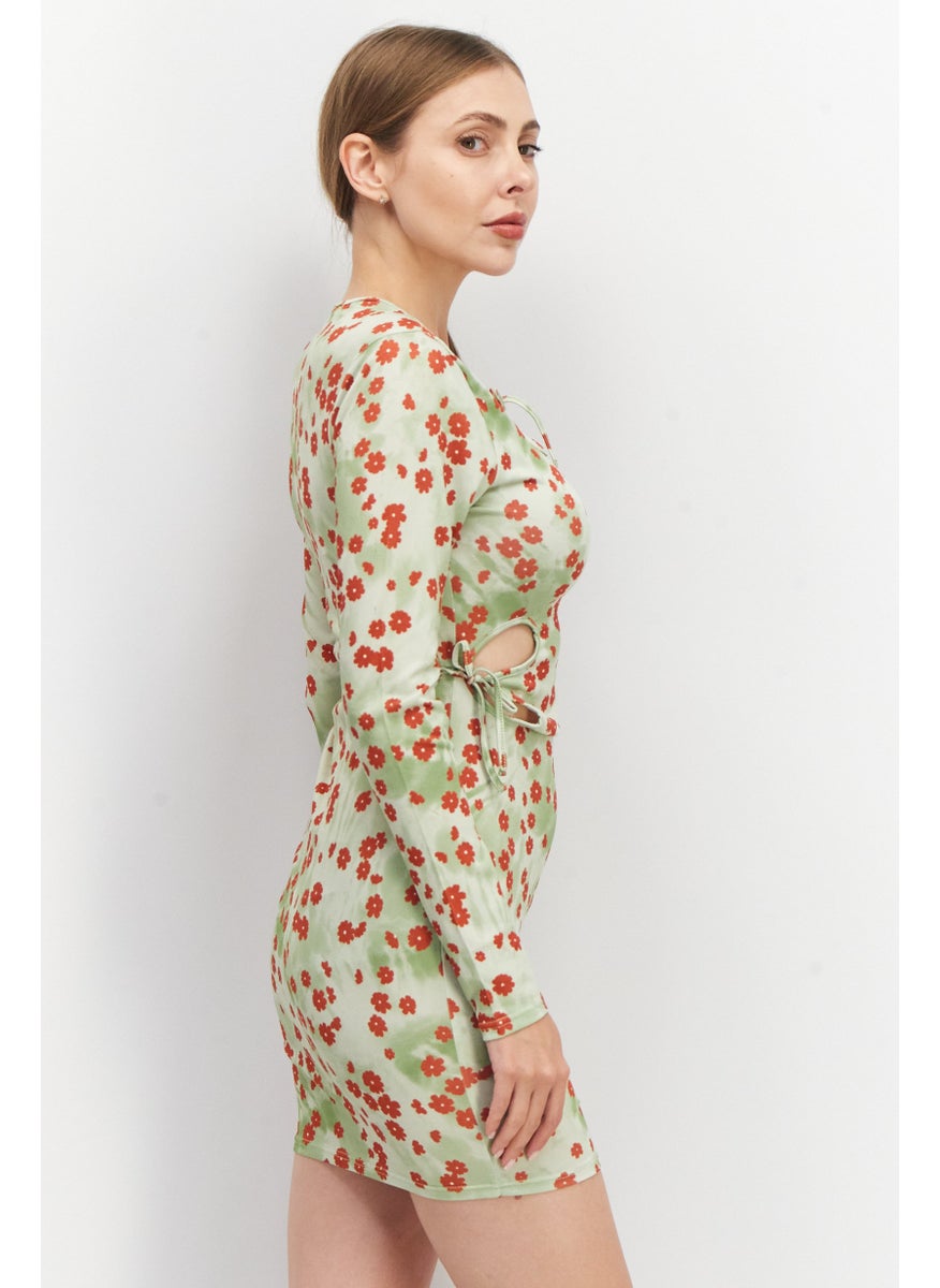 Another Reason - Women Floral Pattern Bodycon Dress, Green Combo - Image 1