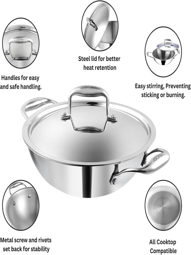 VINOD وعاء فينود بلاتينيوم ثلاثي الفولاذ المقاوم للصدأ مع غطاء 28 سم، 3.7 لتر - Image 5