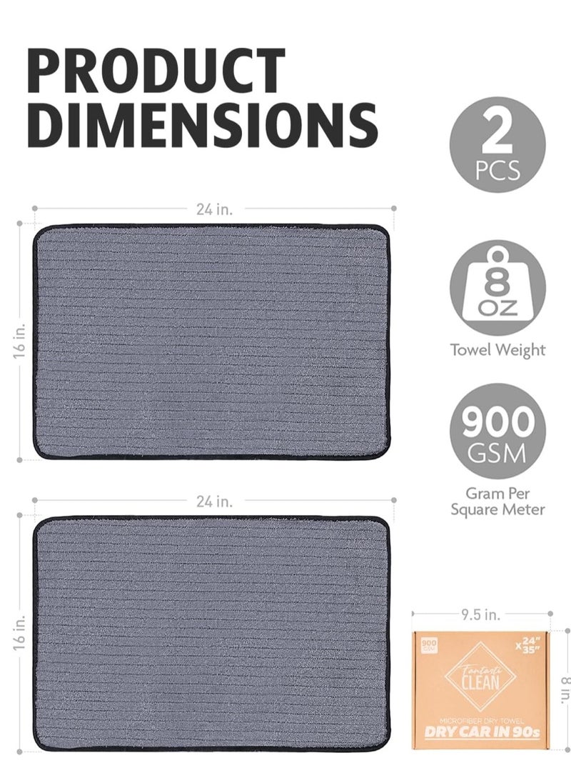 2-Pack Large Car Drying Towel, Ultra Absorbent Microfiber Cleaning Cloth with Edge, Scratch-Free, 900GSM, Plush, 16" x 24",Without Streaks and Water Spots,for Car and Home Detailing