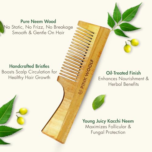 Pink Woolf Neem Wood Comb for Hair Growth & Hair Fall Control | Handcrafted Katchhi Neem Comb with Wide Teeth for Gentle Scalp Massage | Natural Wooden Comb for Women & Men, Anti-Static Haircare | Pack Of 1 - Image 2