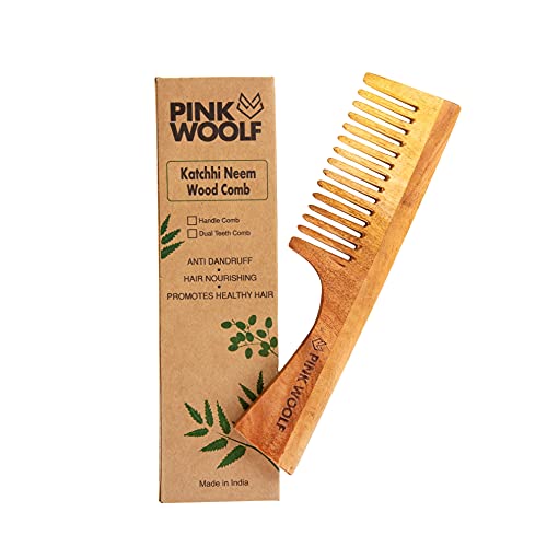 Pink Woolf Neem Wood Comb for Hair Growth & Hair Fall Control | Handcrafted Katchhi Neem Comb with Wide Teeth for Gentle Scalp Massage | Natural Wooden Comb for Women & Men, Anti-Static Haircare | Pack Of 1 - Image 1