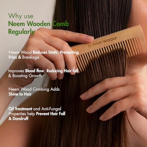 Pink Woolf Neem Wood Comb for Hair Growth & Hair Fall Control | Handcrafted Katchhi Neem Comb with Wide Teeth for Gentle Scalp Massage | Natural Wooden Comb for Women & Men, Anti-Static Haircare | Pack Of 1 - Image 4