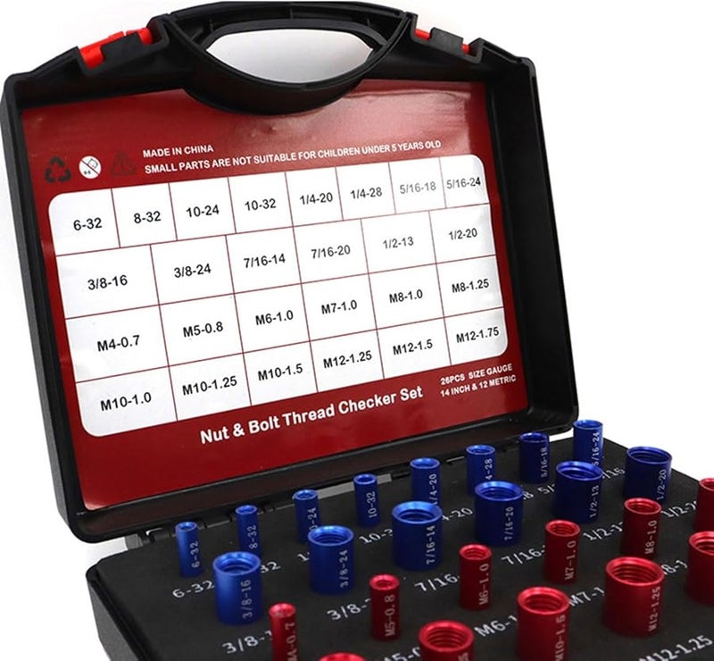 44 Pcs Red Blue Aluminum Nut Bolt Thread Gauge Set With Organized Case - Image 1