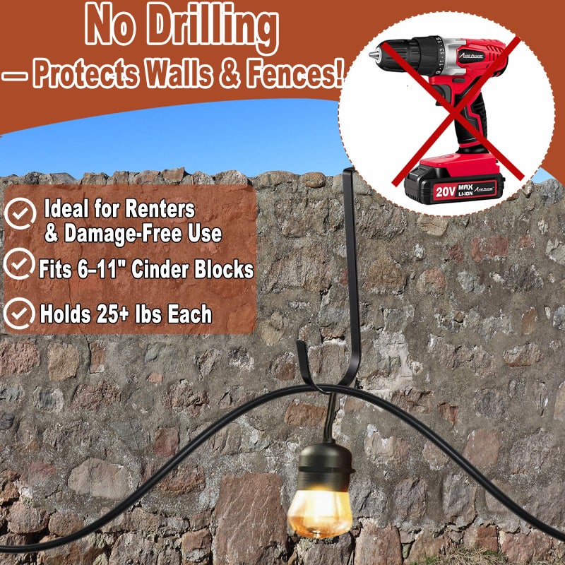 Corztg 4 Pcs Outdoor No Drill String Light Hooks for 6-11 inch Concrete, Cinder Block & Brick Walls, Metal Adjustable Wall & Brick Hangers for Hanging Outdoor Rope Lights Cable Cord Holders Organizer - Image 2