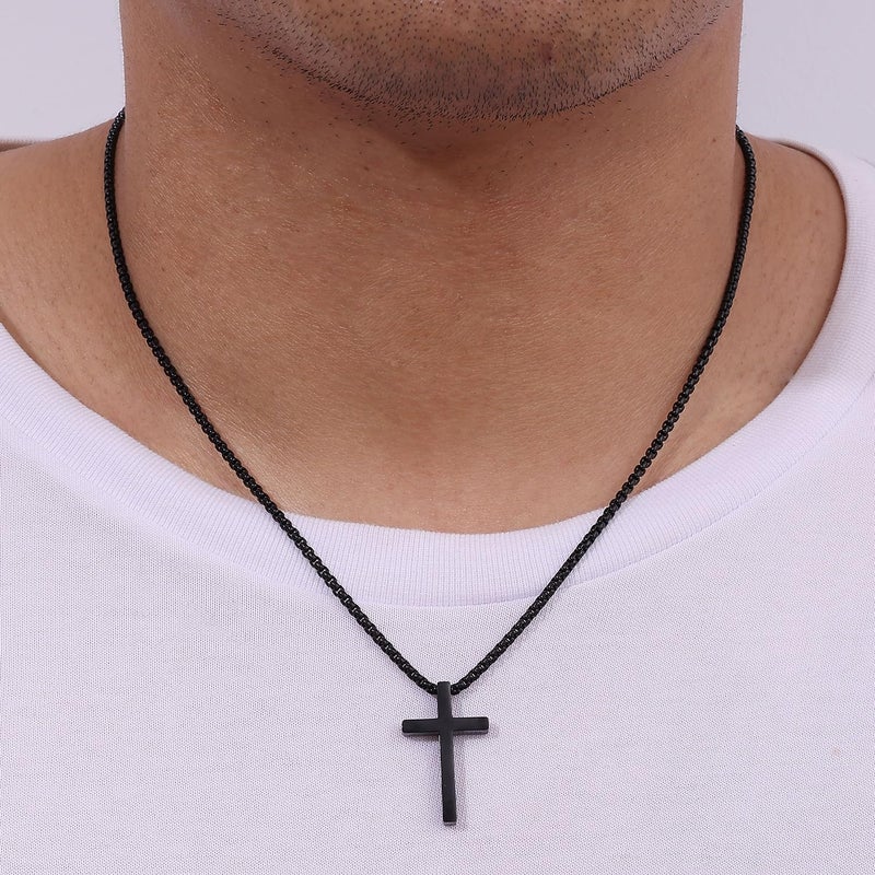 Fiusem Black Cross Necklace for Men, Black Plated Mens Cross Necklaces, 2.5mm Cross Chain and Stainless Steel Cross Pendant small, Box Chain 20 Inch - Image 2