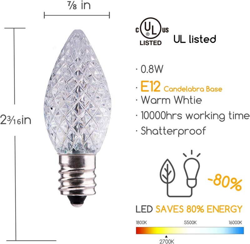Brightown 100 Pack C7 LED Replacement Christmas Light Bulbs C7 Shatterproof LED Bulbs for Christmas String Lights E12 Candelabra Base Commercial Grade Dimmable Holiday Bulbs Warm White - Image 3