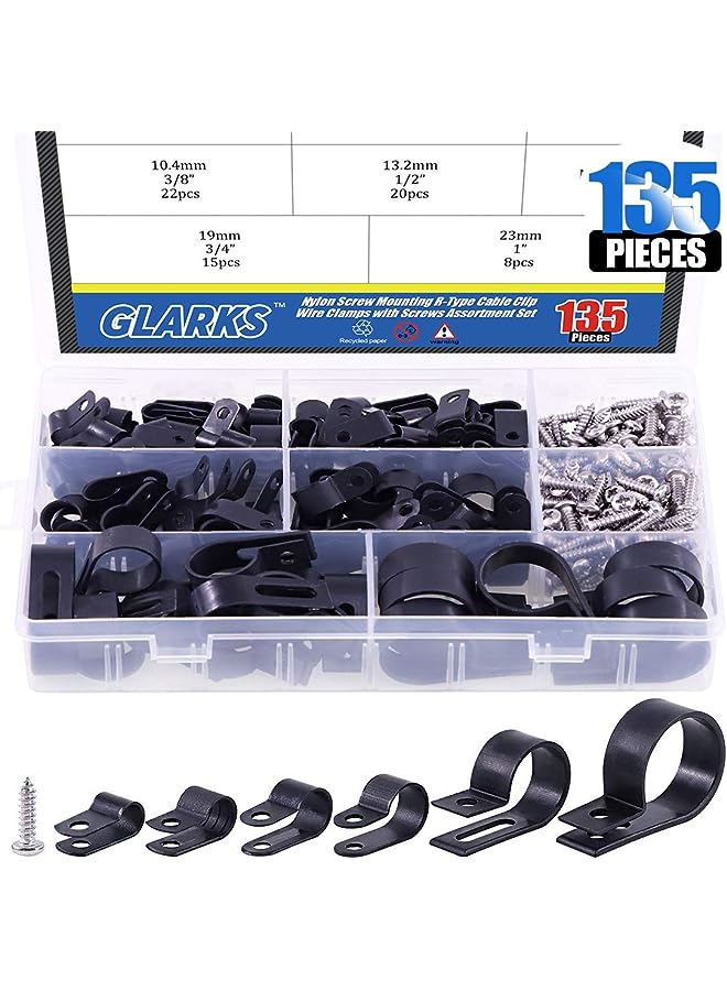 Glarks 132Pcs 6 Sizes Nylon R-Type Cable Clamp Cable Organizer Cord Clips Assortment Kit for Wire, Cable, Conduit and Cable Conduit Kit Black 111 - Image 1