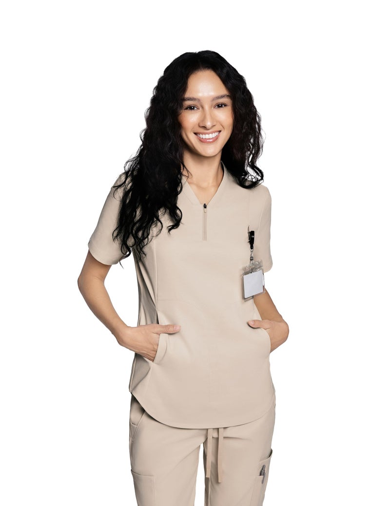 Acadia Louise Scrub Top for Women: Slim Fit, V-Neck, 2 Pockets, High Performance, Easy Care (Sesame, X-Large) - Image 1