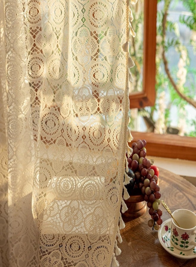 YJ YANJUN Boho Lace Curtains 84 Inches Long 2 Panels Retro Crocheted Cottagecore Curtains with Tassel for Living Room Romantic Rustic Bohemian Farmhouse Drapes for Closet Door Beige/Linen W59 x L84 - Image 3