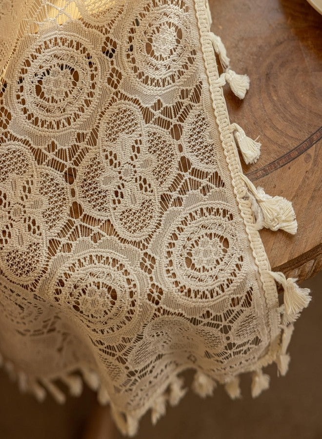 YJ YANJUN Boho Lace Curtains 84 Inches Long 2 Panels Retro Crocheted Cottagecore Curtains with Tassel for Living Room Romantic Rustic Bohemian Farmhouse Drapes for Closet Door Beige/Linen W59 x L84 - Image 5