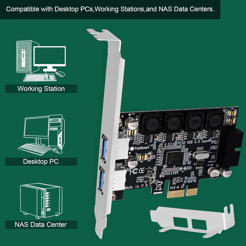 FebSmart 1X 19Pin USB 3.0 Header and 2X USB-A Ports PCIE USB 3.0 5Gbps Expansion Card for Windows and Linux Desktop PCs, Built in Self-Powered Technology, No Need Additional Power Supply (FS-HA-Pro) - Image 5