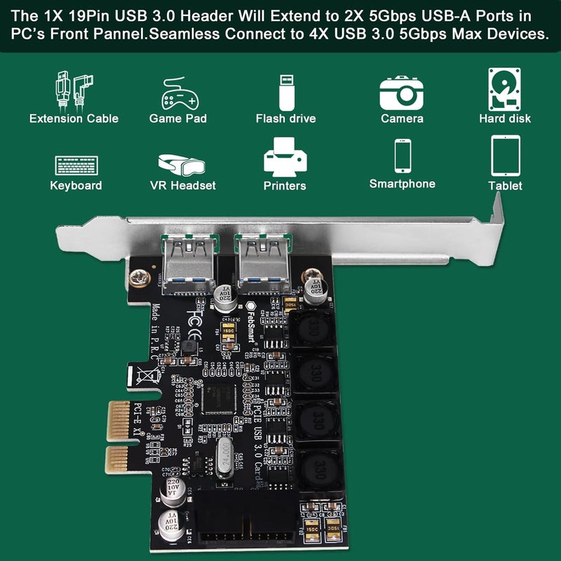 FebSmart 1X 19Pin USB 3.0 Header and 2X USB-A Ports PCIE USB 3.0 5Gbps Expansion Card for Windows and Linux Desktop PCs, Built in Self-Powered Technology, No Need Additional Power Supply (FS-HA-Pro) - Image 4