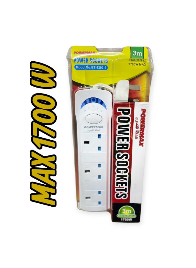 Power Max Strips Extension Cord | 3 Sockets Universal Plug Adapter with 3Meter Bold Extension Cable | Power Socket | Extension Board | Extension Cable | Extension Socket (White) - Image 2