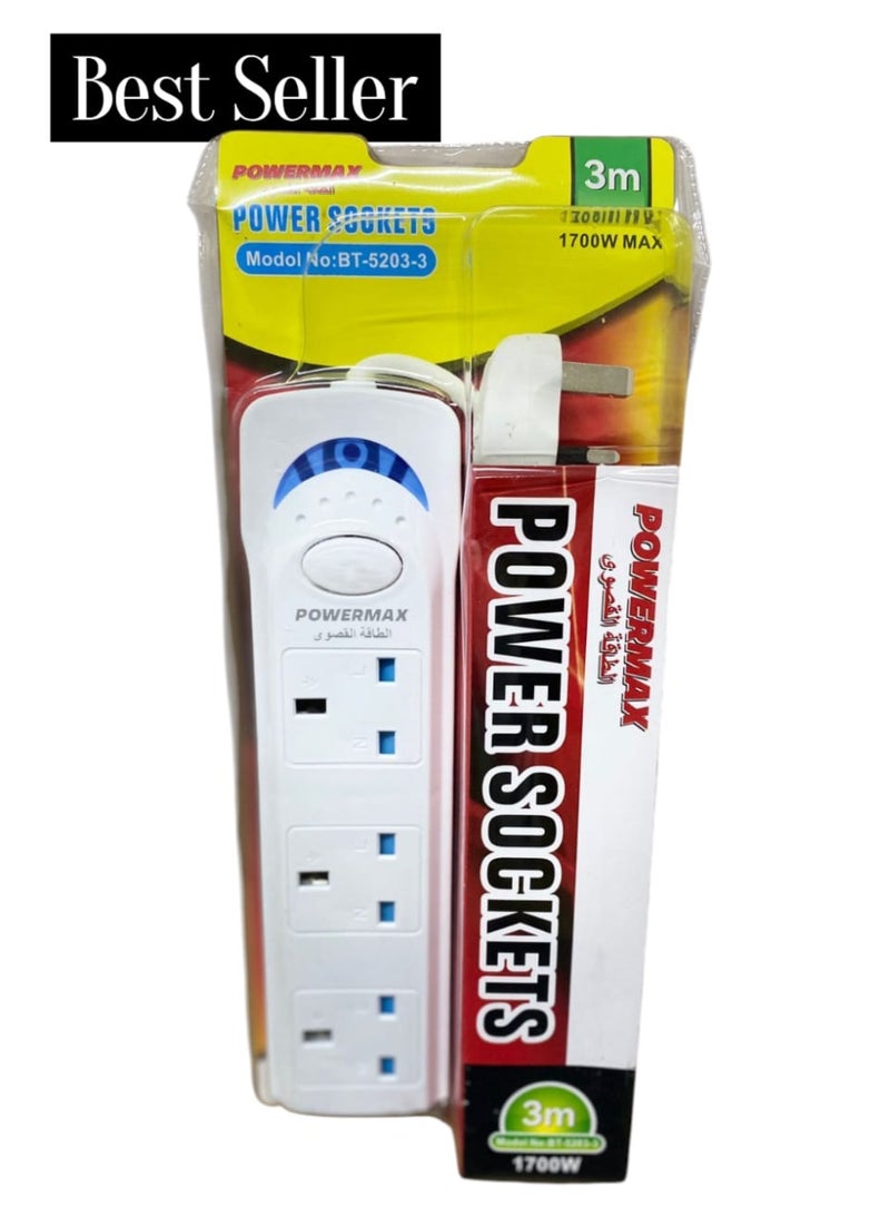 Power Max Strips Extension Cord | 3 Sockets Universal Plug Adapter with 3Meter Bold Extension Cable | Power Socket | Extension Board | Extension Cable | Extension Socket (White) - Image 1