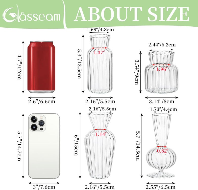 Glasseam Modern Clear Glass Bud Vase Bulk Set: Glasseam 8Pcs Small Mini Flower Centerpieces Vases Handmade DecorativeCute Short Window Corner Home Decor for Wedding Reception Dining Table Single Rose - Image 2