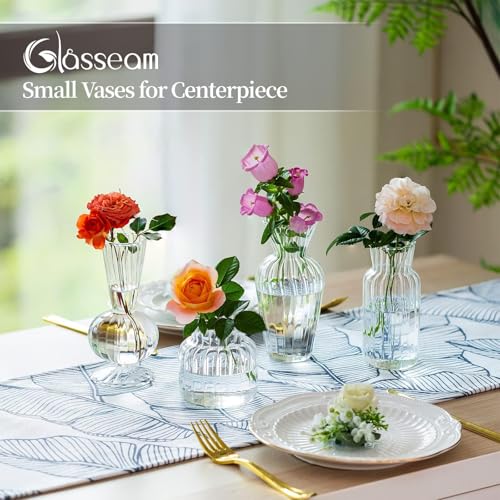 Glasseam Modern Clear Glass Bud Vase Bulk Set: Glasseam 8Pcs Small Mini Flower Centerpieces Vases Handmade DecorativeCute Short Window Corner Home Decor for Wedding Reception Dining Table Single Rose - Image 4