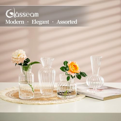 Glasseam Modern Clear Glass Bud Vase Bulk Set: Glasseam 8Pcs Small Mini Flower Centerpieces Vases Handmade DecorativeCute Short Window Corner Home Decor for Wedding Reception Dining Table Single Rose - Image 3