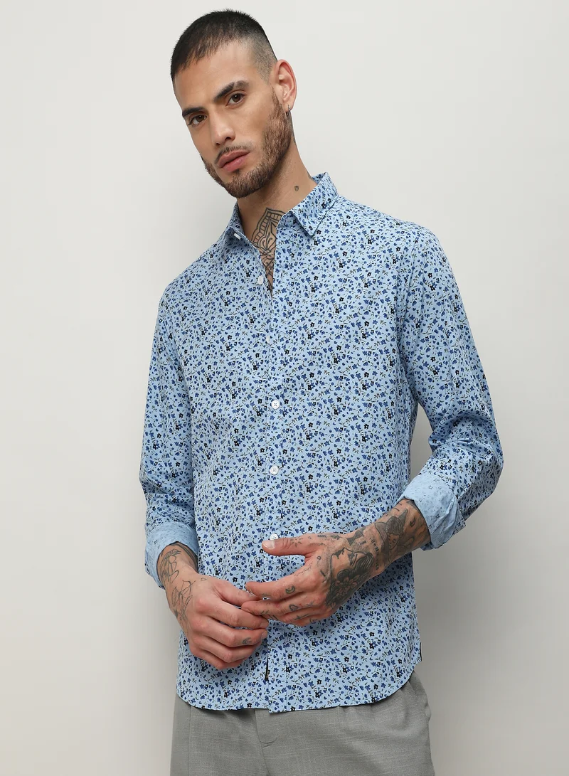Campus Sutra Men's Prussian Blue Micro Floral Shirt
