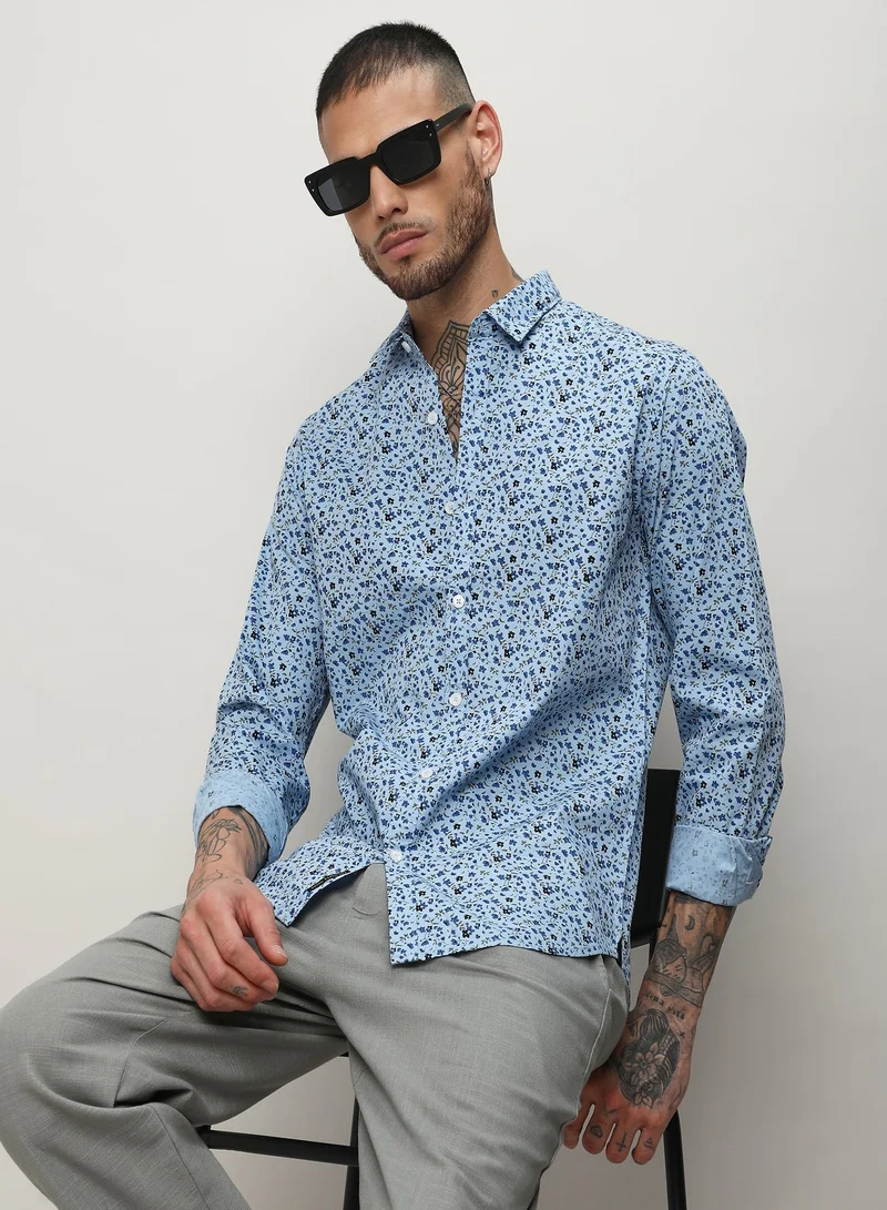 CAHOOT Prussian Blue Men's Prussian Blue Micro Floral Shirt for Men | Best Price UAE