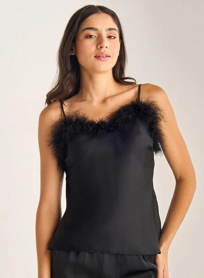 Splash FAV Fur Detail Strappy Top And Elasticated Pyjama Set