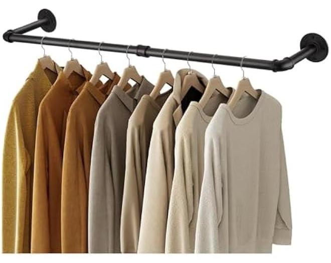 HOOKOR Clothes Rack, 36.4 Inch Industrial Pipe Wall Mounted Garment Rack, Space-Saving, Heavy Duty Detachable Garment Bar, Multi-Purpose Hanging Rod for Closet 2 Base - Image 1