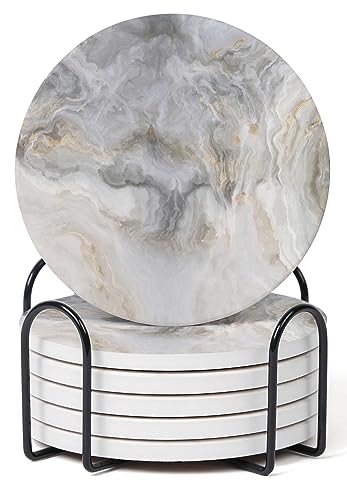 Hoomey Set of 6 Abstract Gray White Marble Coasters with Holder Absorbent Ceramic Coasters for Drinks Coasters with Cork Backing for Table Protection Housewarming Gifts for New Home - Image 1