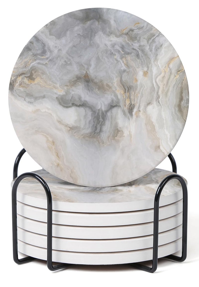 Hoomey Set of 6 Abstract Gray White Marble Coasters with Holder Absorbent Ceramic Coasters for Drinks Coasters with Cork Backing for Table Protection Housewarming Gifts for New Home - Image 2