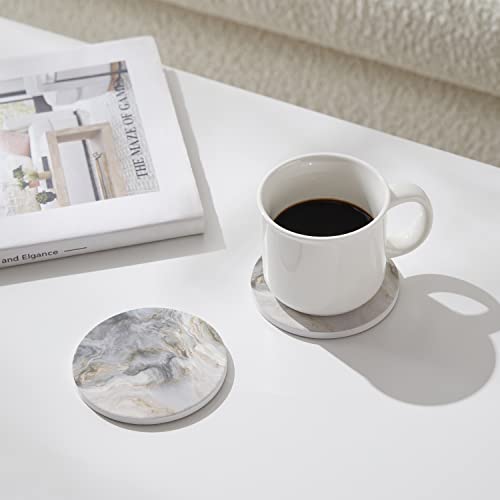 Hoomey Set of 6 Abstract Gray White Marble Coasters with Holder Absorbent Ceramic Coasters for Drinks Coasters with Cork Backing for Table Protection Housewarming Gifts for New Home - Image 3