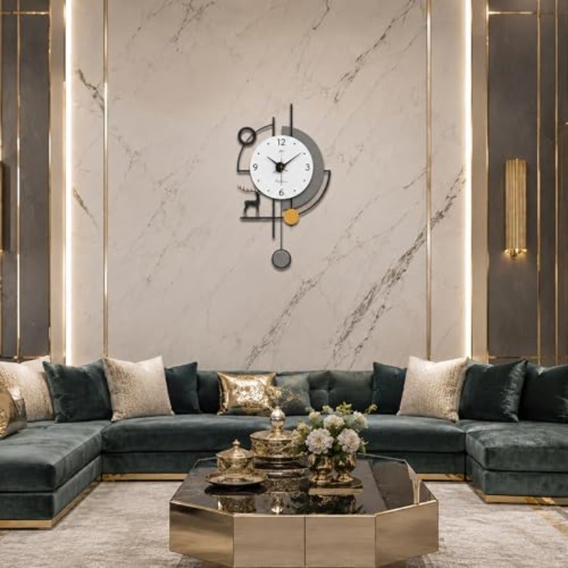 ساعة حائط حديثة بصوت صامت 20 ديسيبل، قياس 32x58 سم، بدون نقرة، تصميم ظل الغزال مع إطار معدني هندسي، ديكور وجه واضح، مثالية للفيلا والصالون وغرفة المعيشة وغرفة النوم والمكتب - Image 2