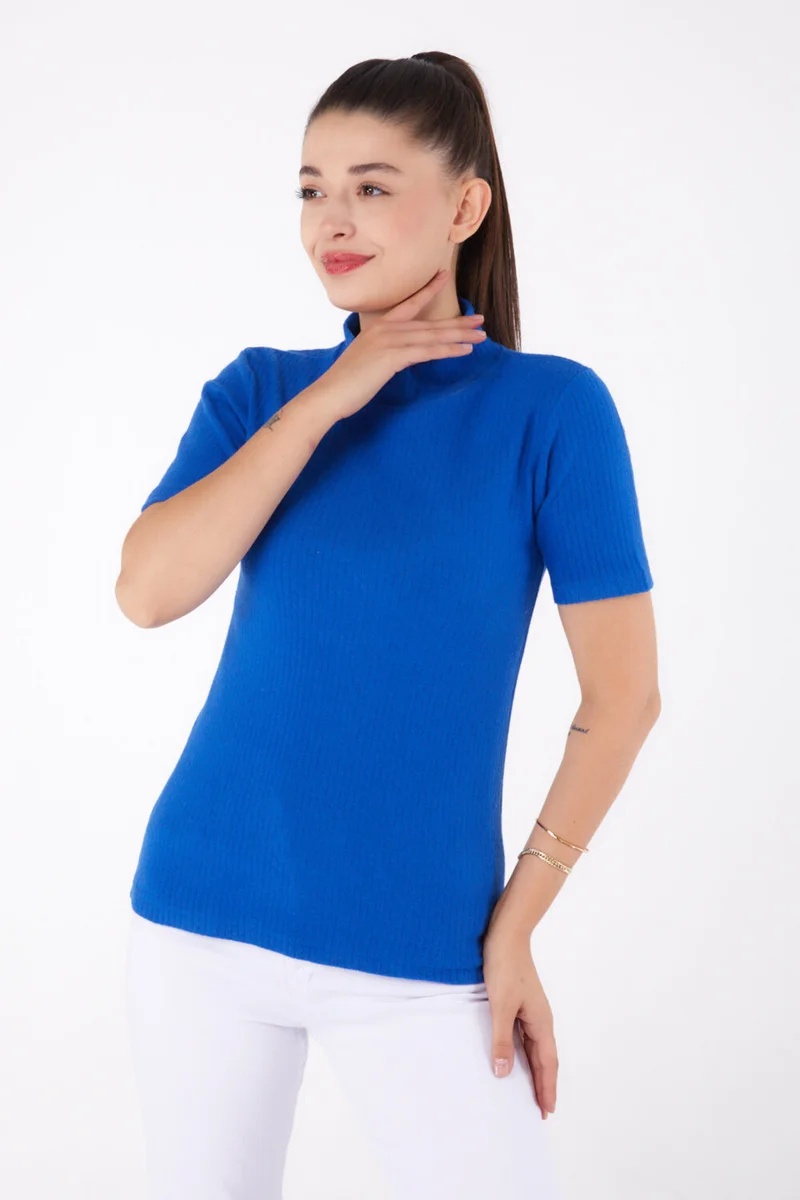 Tofisa Plain Half Turtleneck Women's Saxe Short Sleeve Blouse - 26315