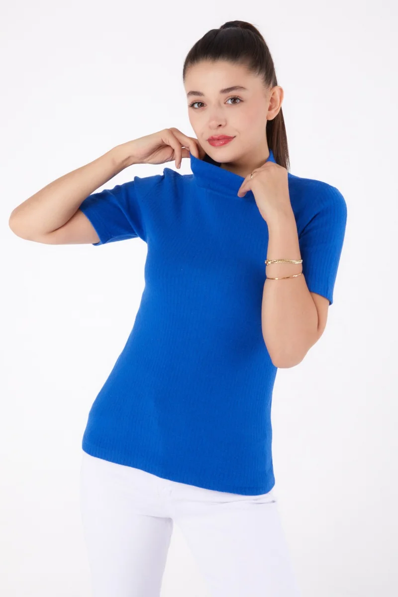 Tofisa Plain Half Turtleneck Women's Saxe Short Sleeve Blouse - 26315