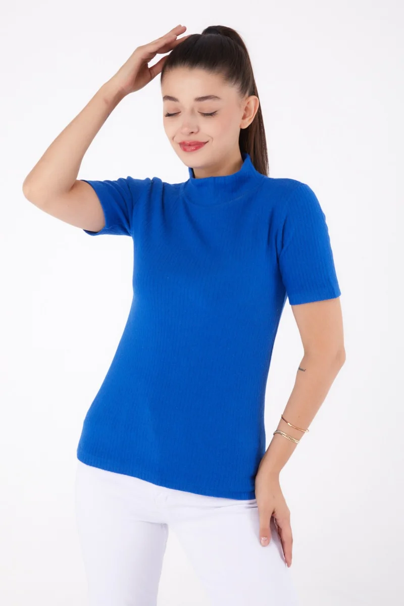 Tofisa Plain Half Turtleneck Women's Saxe Short Sleeve Blouse - 26315