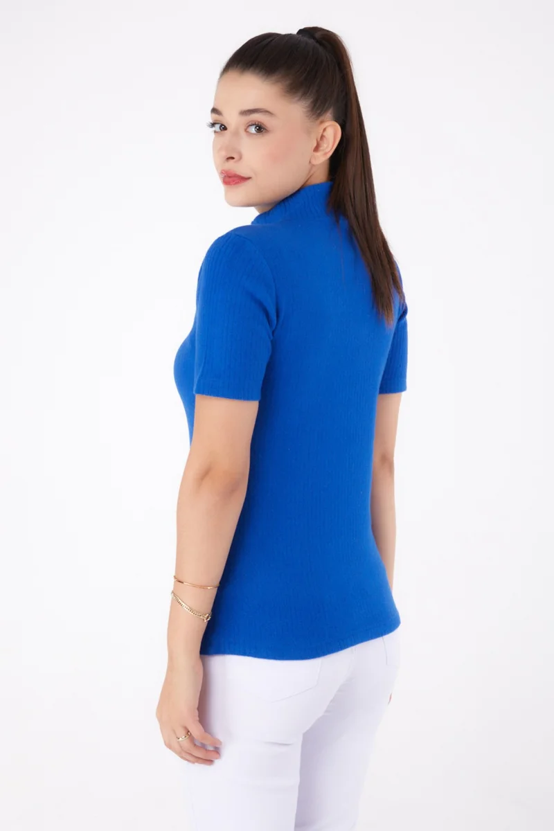 Tofisa Plain Half Turtleneck Women's Saxe Short Sleeve Blouse - 26315