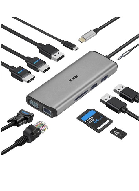 قاعدة توصيل لتحويل اللاب توب ل3 شاشات، موزع USB C 12  في 1، محول متعدد المنافذ مزود ب2 HDMI، 4K، VGA، PD3.0 وقارئ بطاقات RJ45 SD/TF لماك بوك/ اير/ اي ماك/ برو/ XPS والمزيد من الاجهزة من نوع C