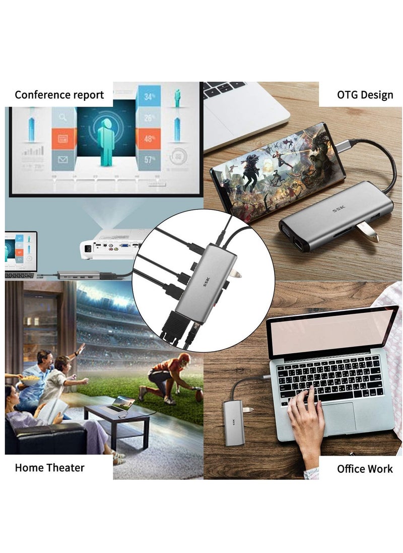 ماركة غير محددة - قاعدة توصيل لتحويل اللاب توب ل3 شاشات، موزع USB C 12  في 1، محول متعدد المنافذ مزود ب2 HDMI، 4K، VGA، PD3.0 وقارئ بطاقات RJ45 SD/TF لماك بوك/ اير/ اي ماك/ برو/ XPS والمزيد من الاجهزة من نوع C - Image 1