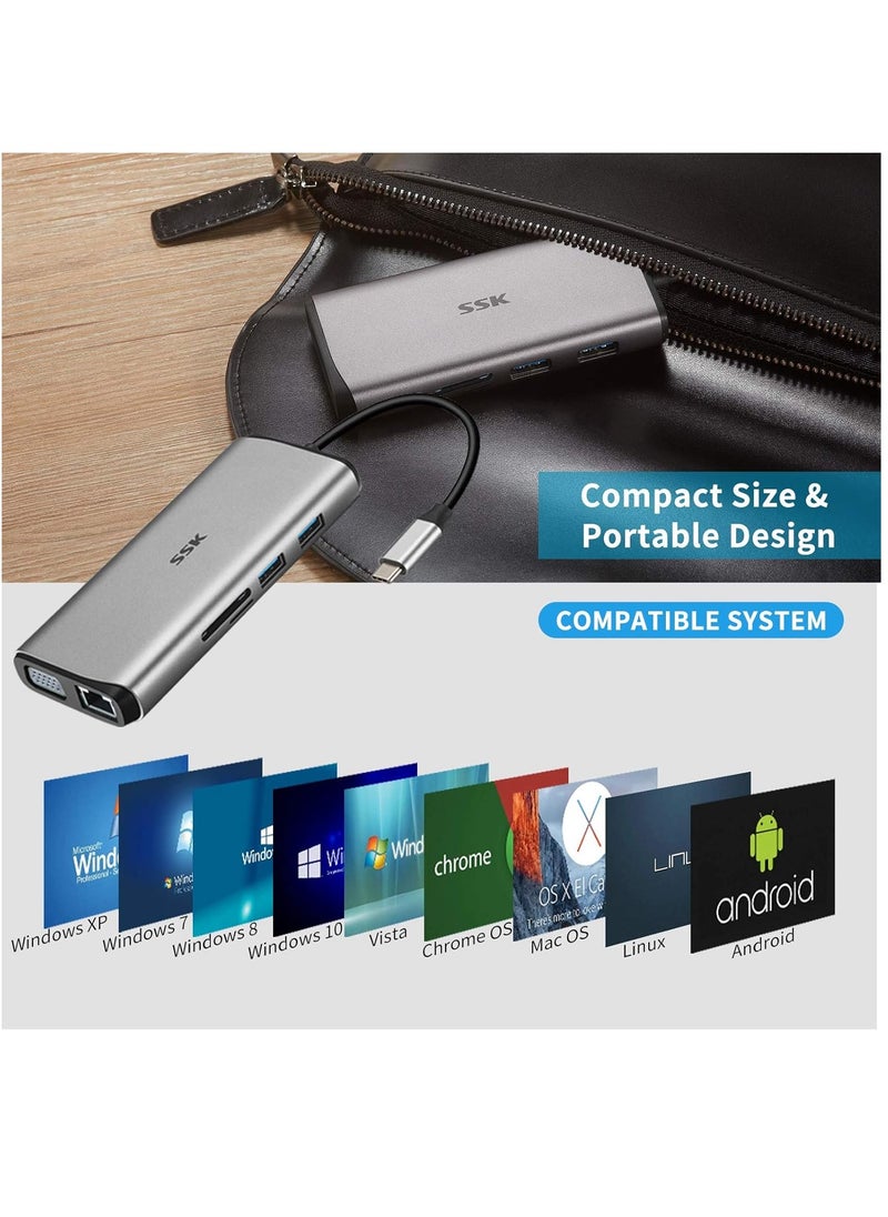 ماركة غير محددة - قاعدة توصيل لتحويل اللاب توب ل3 شاشات، موزع USB C 12  في 1، محول متعدد المنافذ مزود ب2 HDMI، 4K، VGA، PD3.0 وقارئ بطاقات RJ45 SD/TF لماك بوك/ اير/ اي ماك/ برو/ XPS والمزيد من الاجهزة من نوع C - Image 1