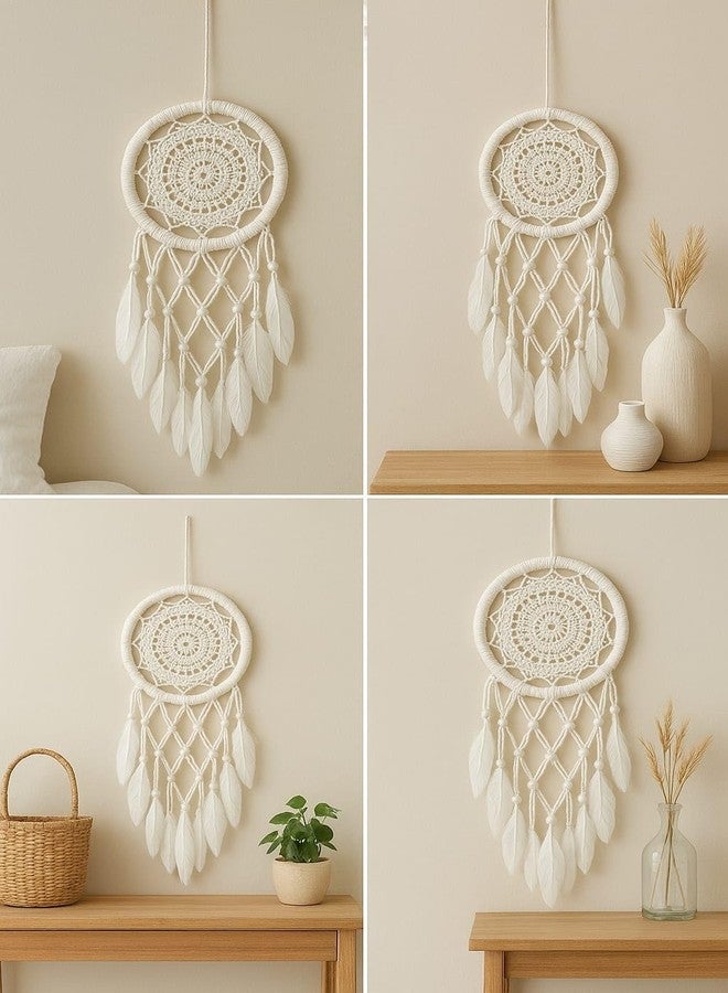 ThincAmaxe Handmade Evil Eye Dream Catcher Wall Hanging – Boho Macrame Décor with Feathers & Wooden Beads | Protection Talisman for Positive Energy, Bedroom, Living Room & Car Decoration (White) - Image 4